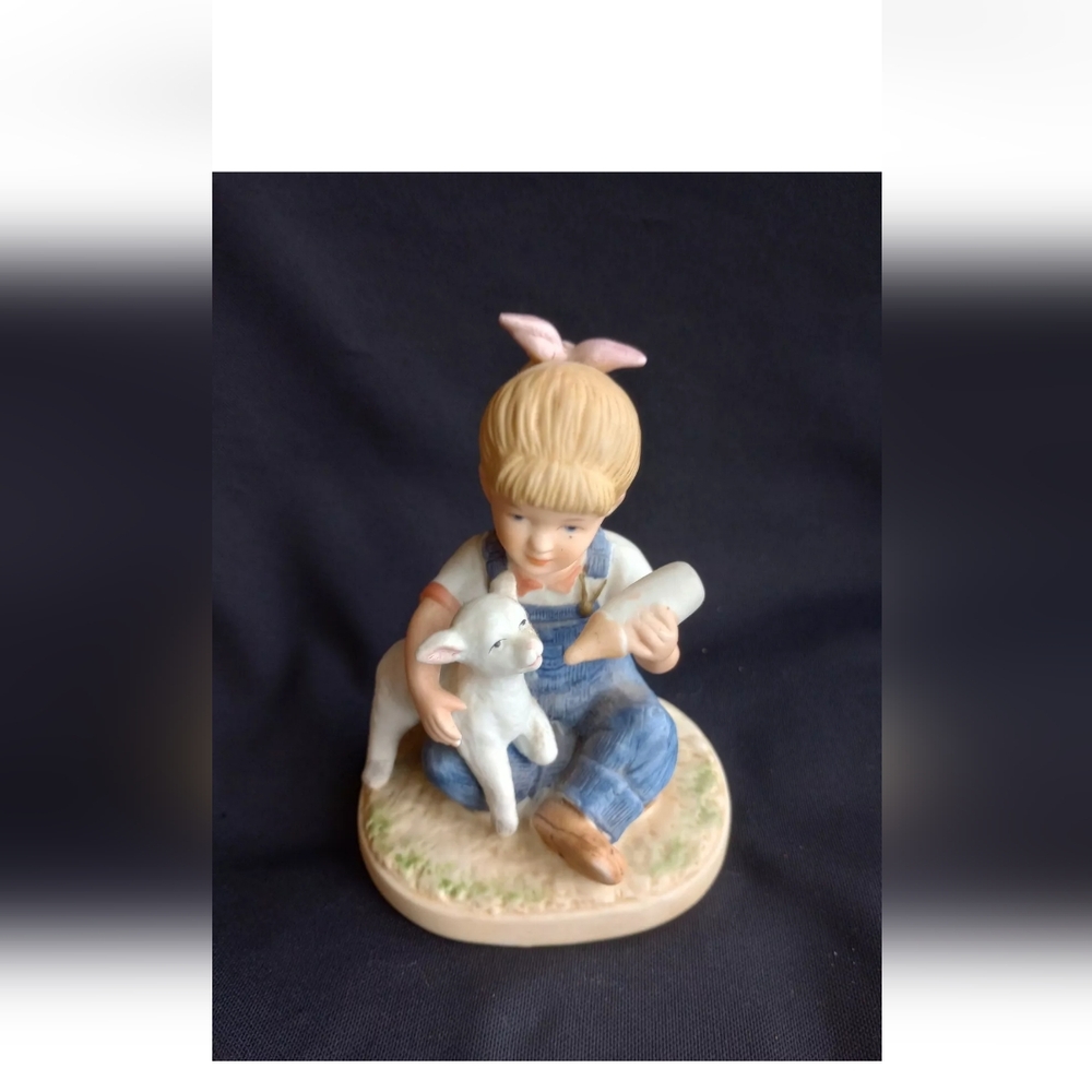 Home Interiors HOMCO Denim Days Girl Feeding Lamb Figurine #1500 1985